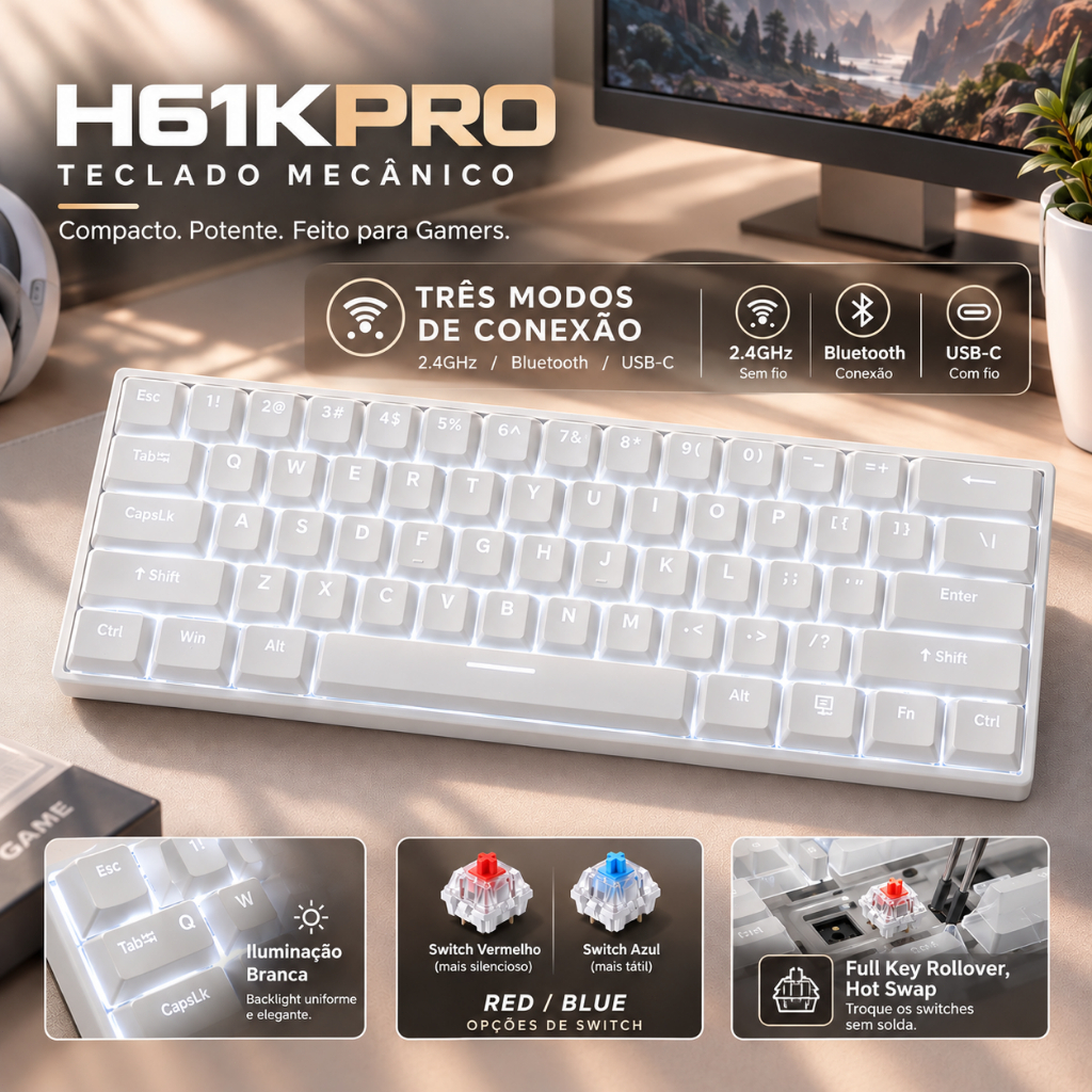 H61KPRO Teclado mecânico 60% sem fio BT 2.4G USB Gamer Switche Red/Blue Hot-Swap branca LED NKRO