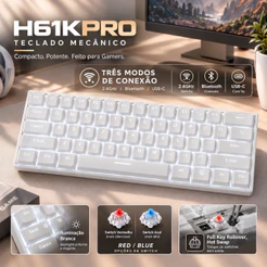H61KPRO Teclado mecânico 60% sem fio BT 2.4G USB Gamer Switche Red/Blue Hot-Swap branca LED NKRO