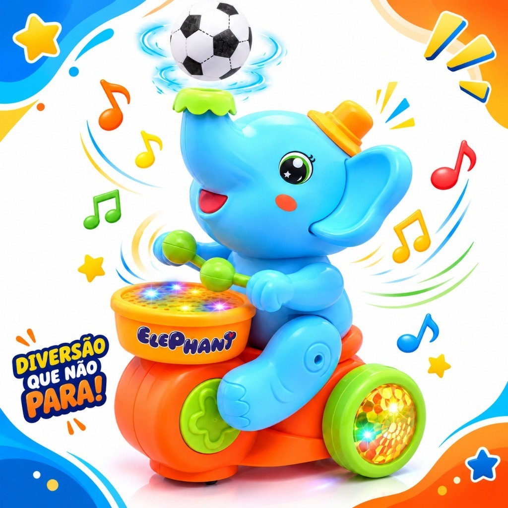 Elefante Musical Iterativo Com Luzes Sons Batendo Tambor Assopra Bola