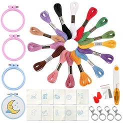 Kit Bordado Iniciante Completo Bastidor Plástico Tesoura Linha Meada Tecido Pré-impresso para Fazer Chaveiro Artesanal