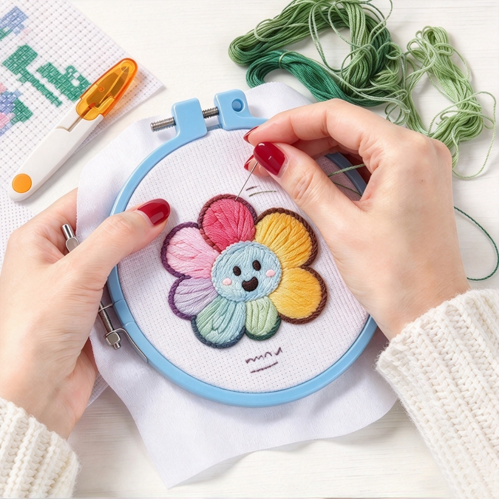 Kit Bordado Iniciante Completo Bastidor Plástico Tesoura Linha Meada Tecido Pré-impresso para Fazer Chaveiro Artesanal — imagem 2 de 2