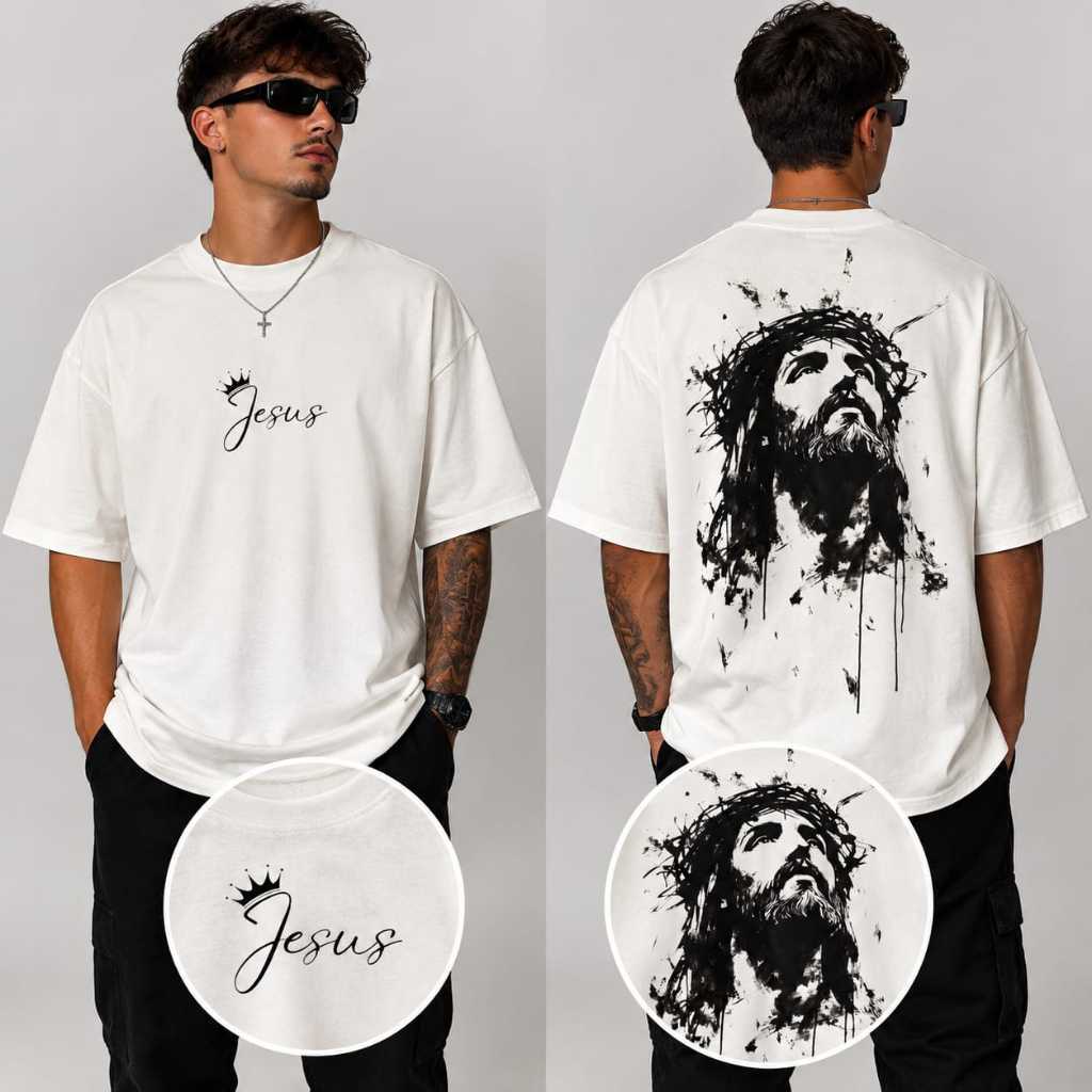 Camiseta Oversized Jesus Estilosa Confortável Caimento no Ombro Camisa Streetwear 100% Algodão