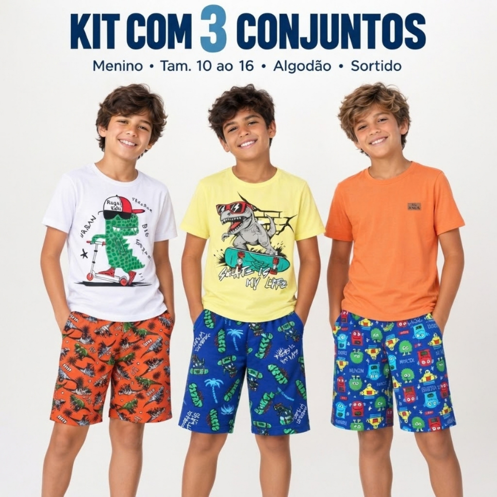 Kit 6 Peças Conjunto Infantil Menino Juvenil Masculino 1 ao 16 Anos Algodão Premium Bermuda Camisa