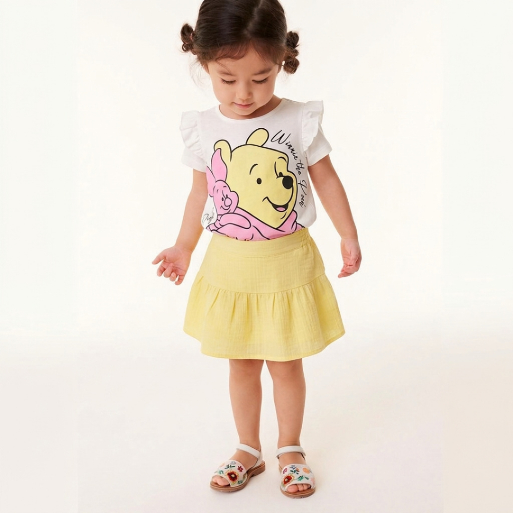Conjunto Infantil Feminino Pooh Menina Blusa Manga Curta Suede com Saia Amarela Tecido Plano Verão Tamanho 1 ao 12
