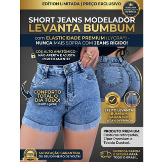 Short Jeans Feminino Marmorizado Com Lycra Cintura Alta Barra Dobrada Levanta Bumbum.
