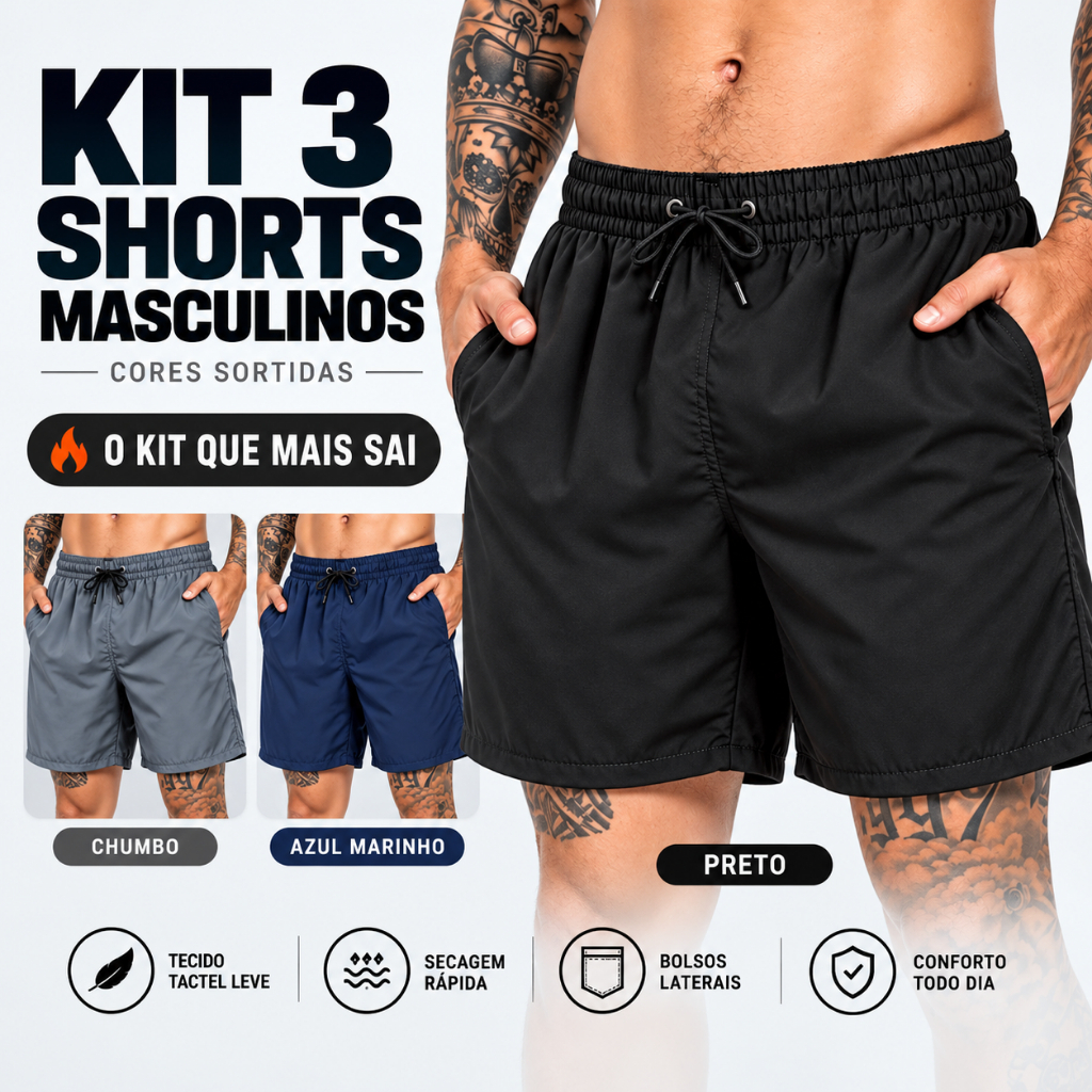 Kit 3 Shorts Masculino Tactel com Elastano Bermuda Esportiva Academia Treino Corrida