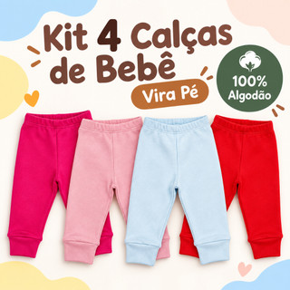 Kit 4 Calça Mijão Vira Pé Bebe Suedine 100% Algodao Enxoval Liso Menina Menino Maternidade