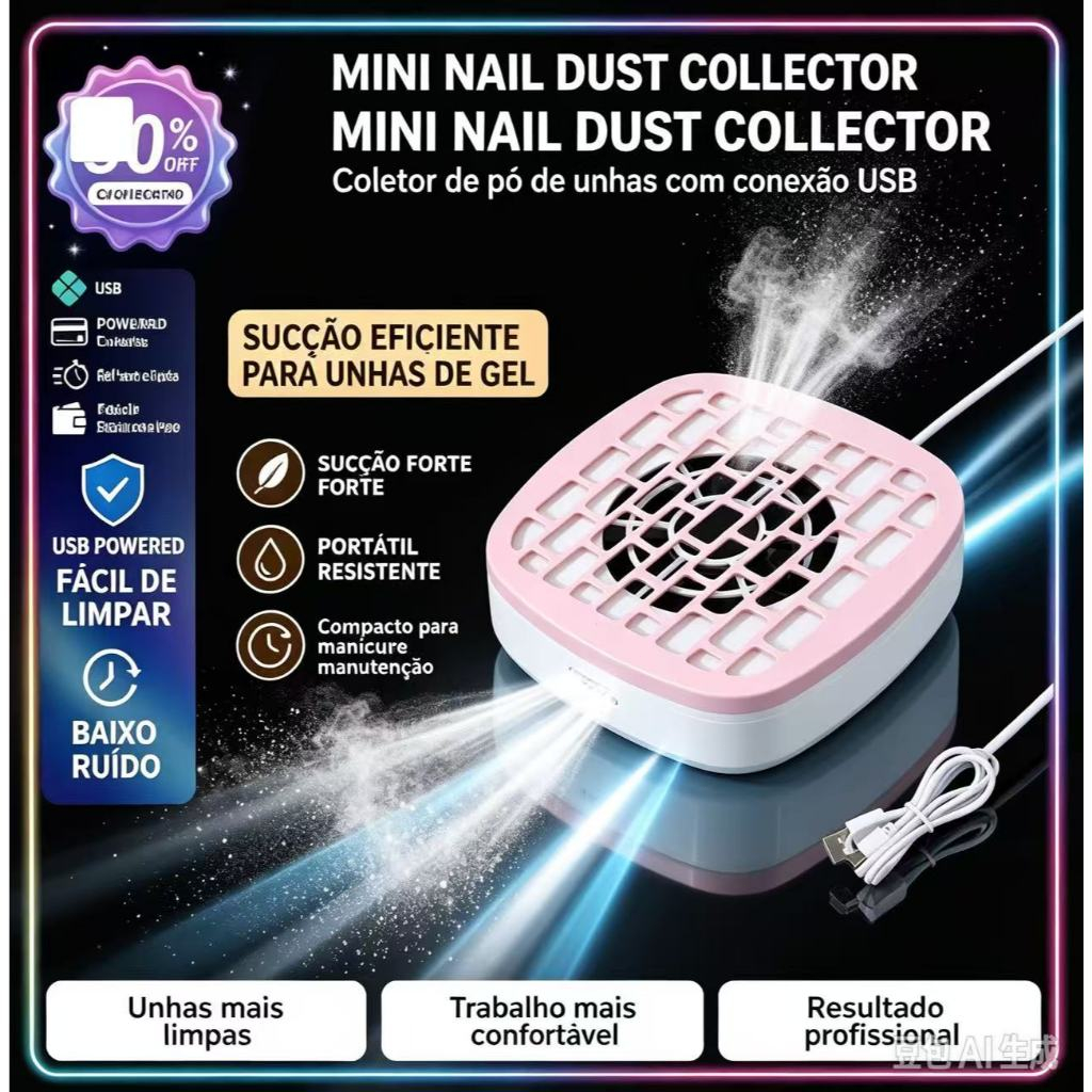 Mini Coletor de Pó para Unhas Ventilador Extrator Aspirador Manicure Poderoso Filtro Removível, Cores Branco, Rosa e Rox