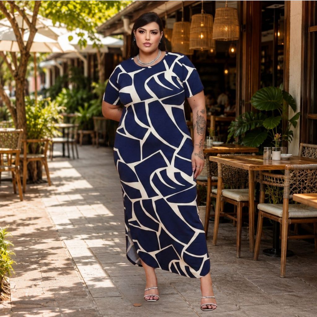 Vestido Longo Curve Curvy Plus size moda evangélica com fenda estampado e liso do 44 ao 58 Casual · foto 2