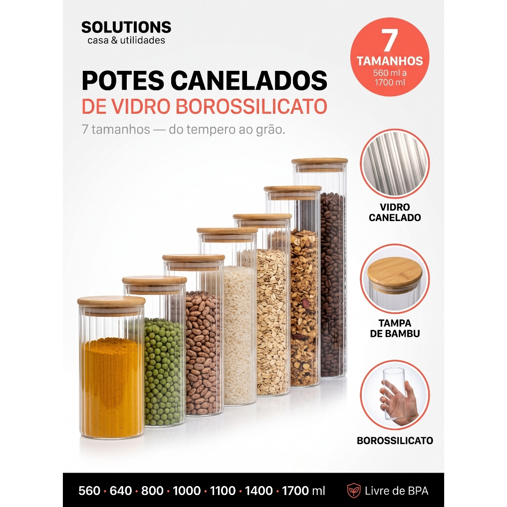 Kit Completo 7 Pote de Vidro Hermetico Canelado Tampa Madeira Bambu Organizador de Cozinha