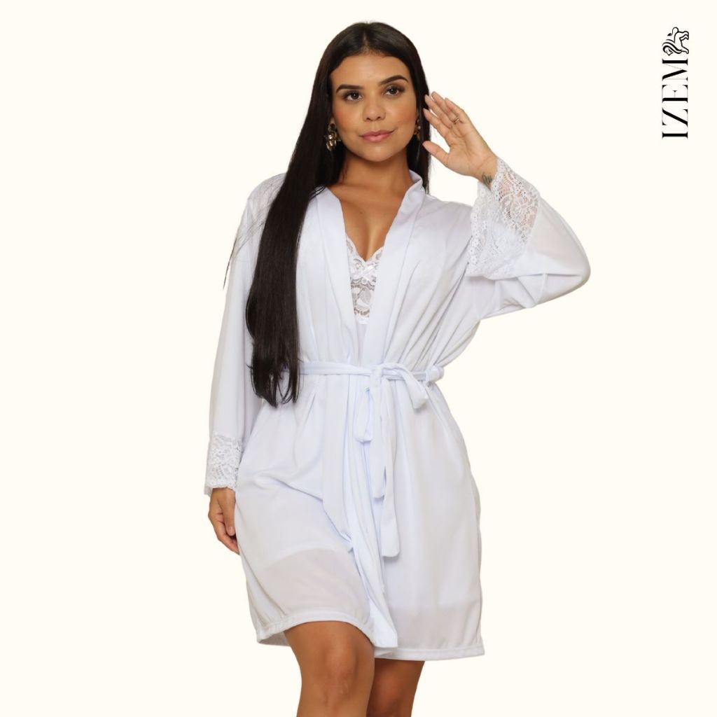 Robe Roupão Noiva Feminino de Renda Luxo Sensual Malha Fria
