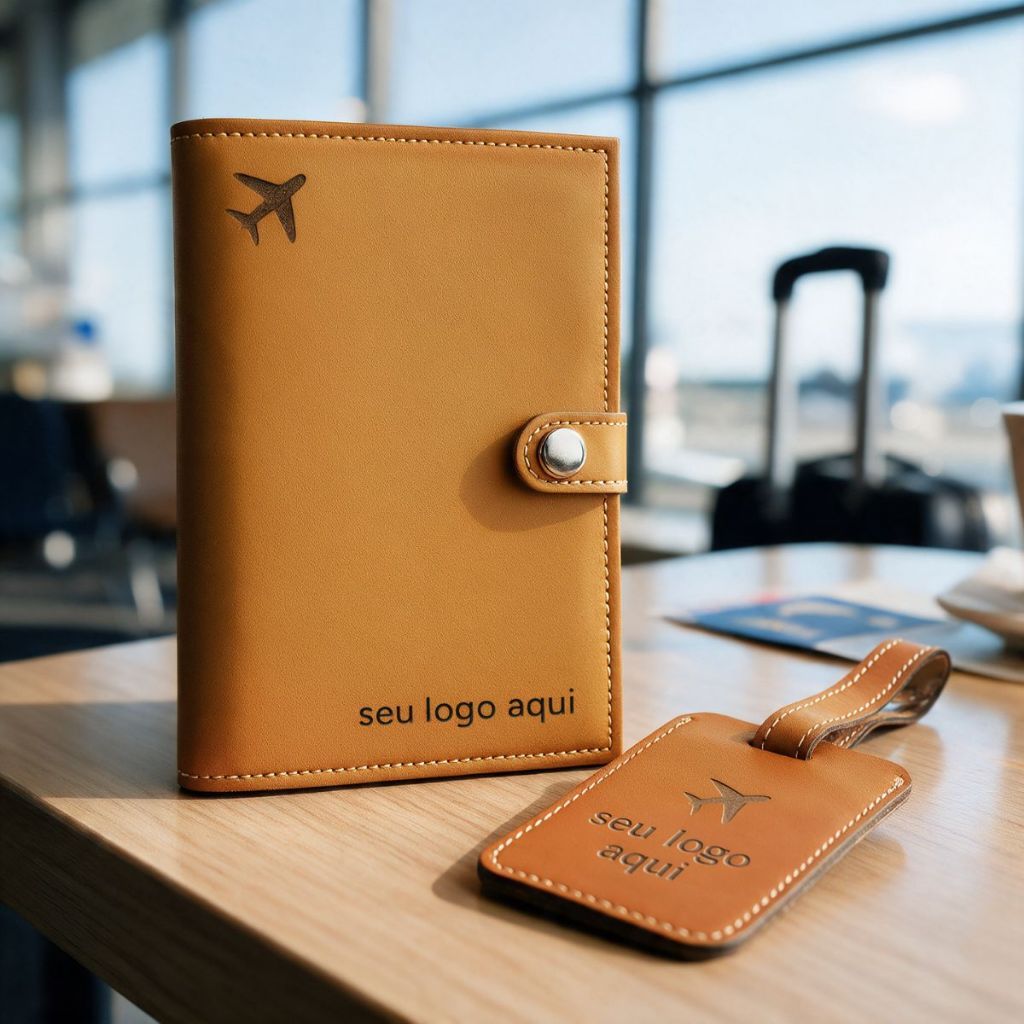 Imagem Porta Passaporte e Tag de Mala Couro Sintético Personalizado Iniciais Dourado, Prata Ou Baixo Relevo