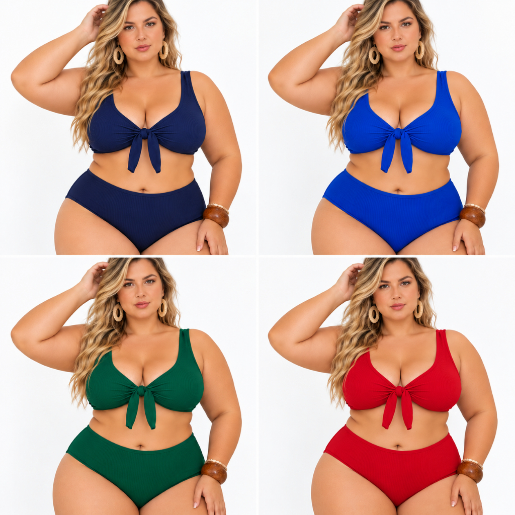 Biquíni Plus Size Hot Pants Cintura Alta GG 46/50 Texturizado Canelado Amarração Moda Praia
