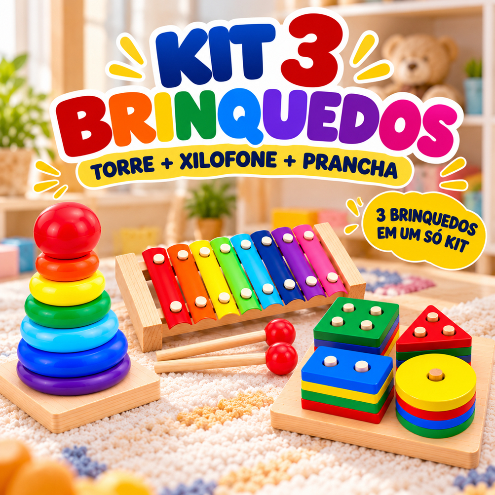 Kit 3 Brinquedos Educativos de Madeira Encaixe Formas Xilofone Montessori Pedagogico Sensorial Didatico ENVIO IMEDIATO