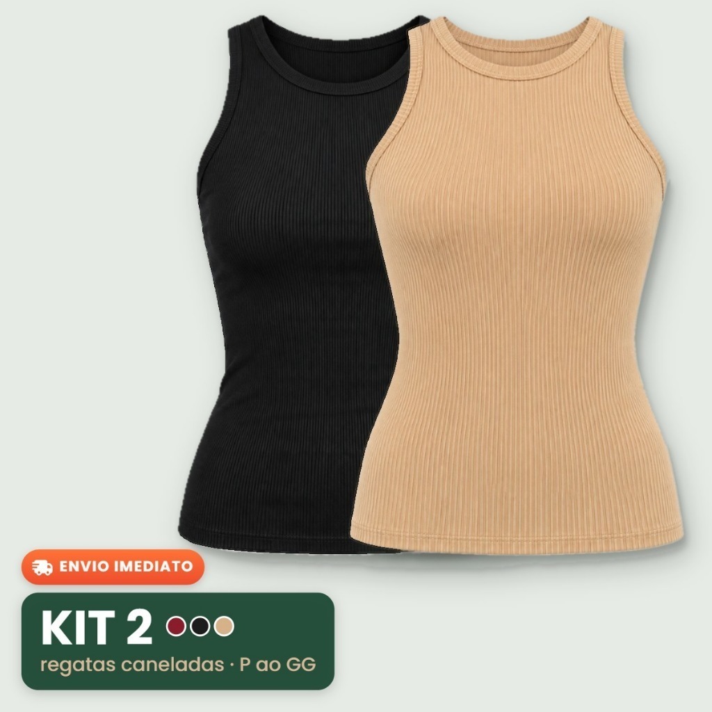 Kit 2 Blusas Femininas Regata Canelada Estilosa Elegante Ribana Básica Casual Gola Redonda Blusinha Confortável