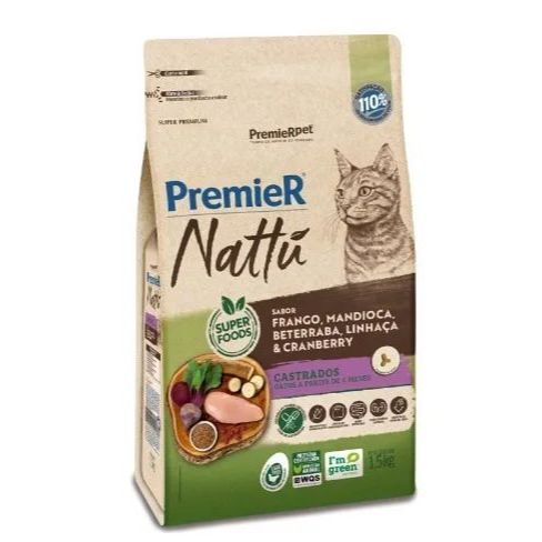 Premier Nattu Gatos Castrados Frango, Mandioca, Cranberry 1,5Kg