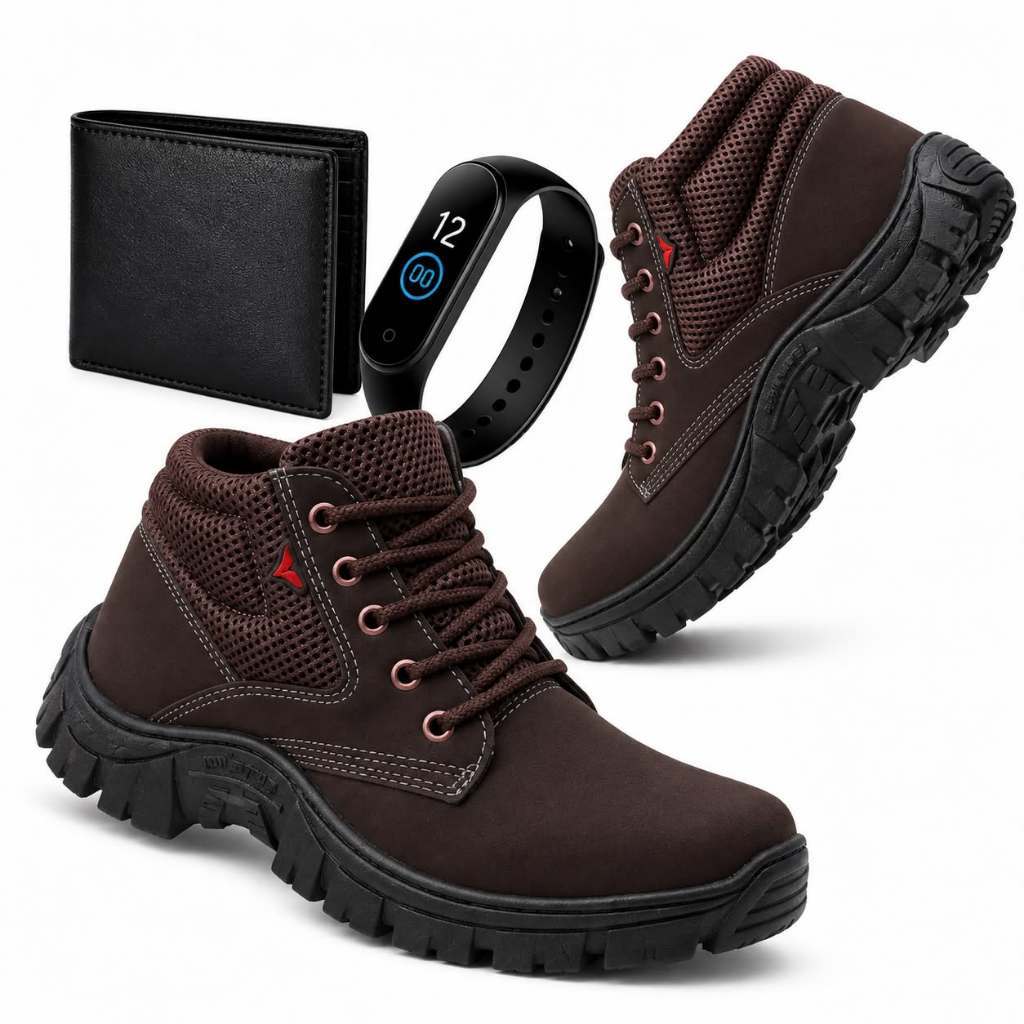 Bota Coturno Masculina Trabalho Segurança  Resistente Confortável Macio Reforçada Antiderrapante + Carteira e Relogio