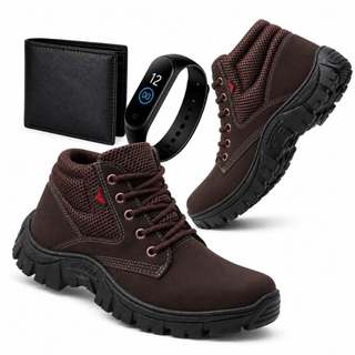 Bota Coturno Masculina Trabalho Segurança  Resistente Confortável Macio Reforçada Antiderrapante + Carteira e Relogio