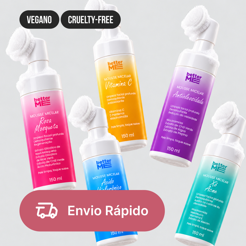 Mousse Micelar de Limpeza Facial com Escova Better ME Rosa Mosqueta Vitamina C Antioleosidade Ácido Hialurônico Xô Acne