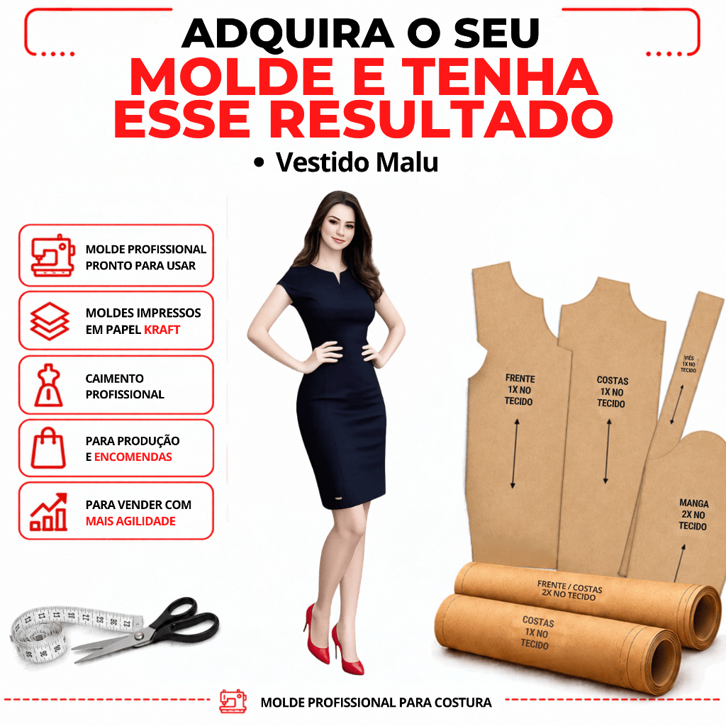 Kit de Moldes Vestido Malu Moldes em Tamanho Real