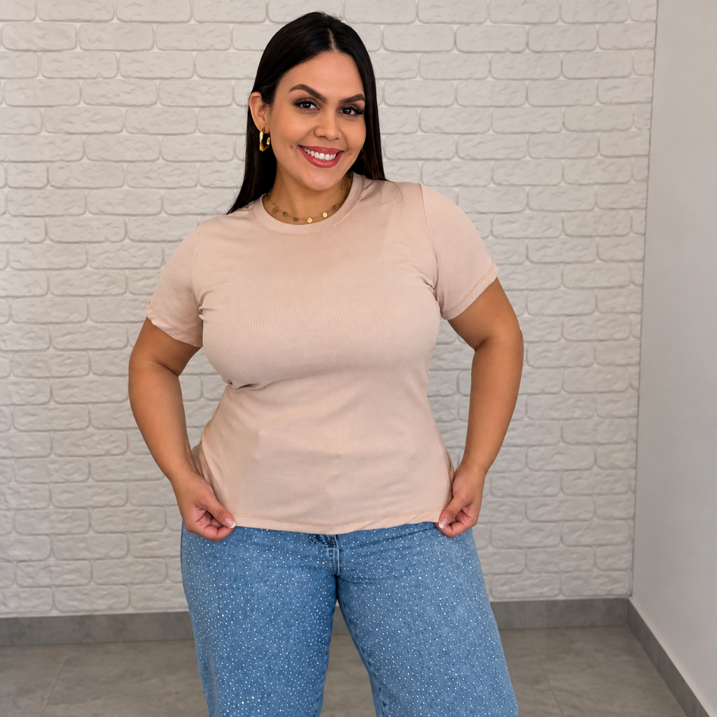 Kit 3 Blusa Feminina Básica Canelada Manga Curta Gola Redonda Confortável G GG EXG G2 Plus Size