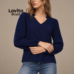 Lovito Blusa Feminina com DecoteV e Manga Longa BLB905BRL935