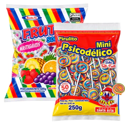 Kit Dia das Crianças Pirulito Psicodélico Chaves + Balas Mástigáveis Frutas Sortidas