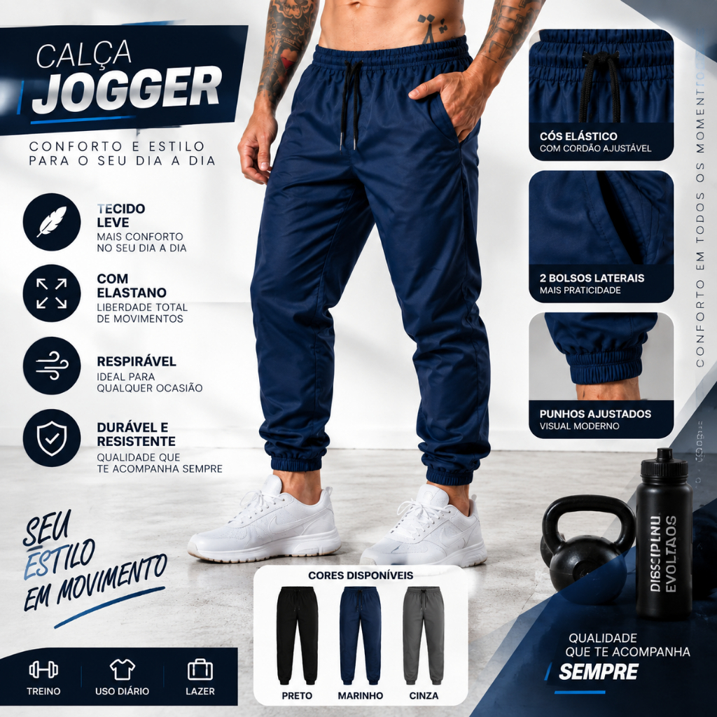 Calça Tactel Masculina com Elastano Esportiva Academia Casual com Zíper na Barra