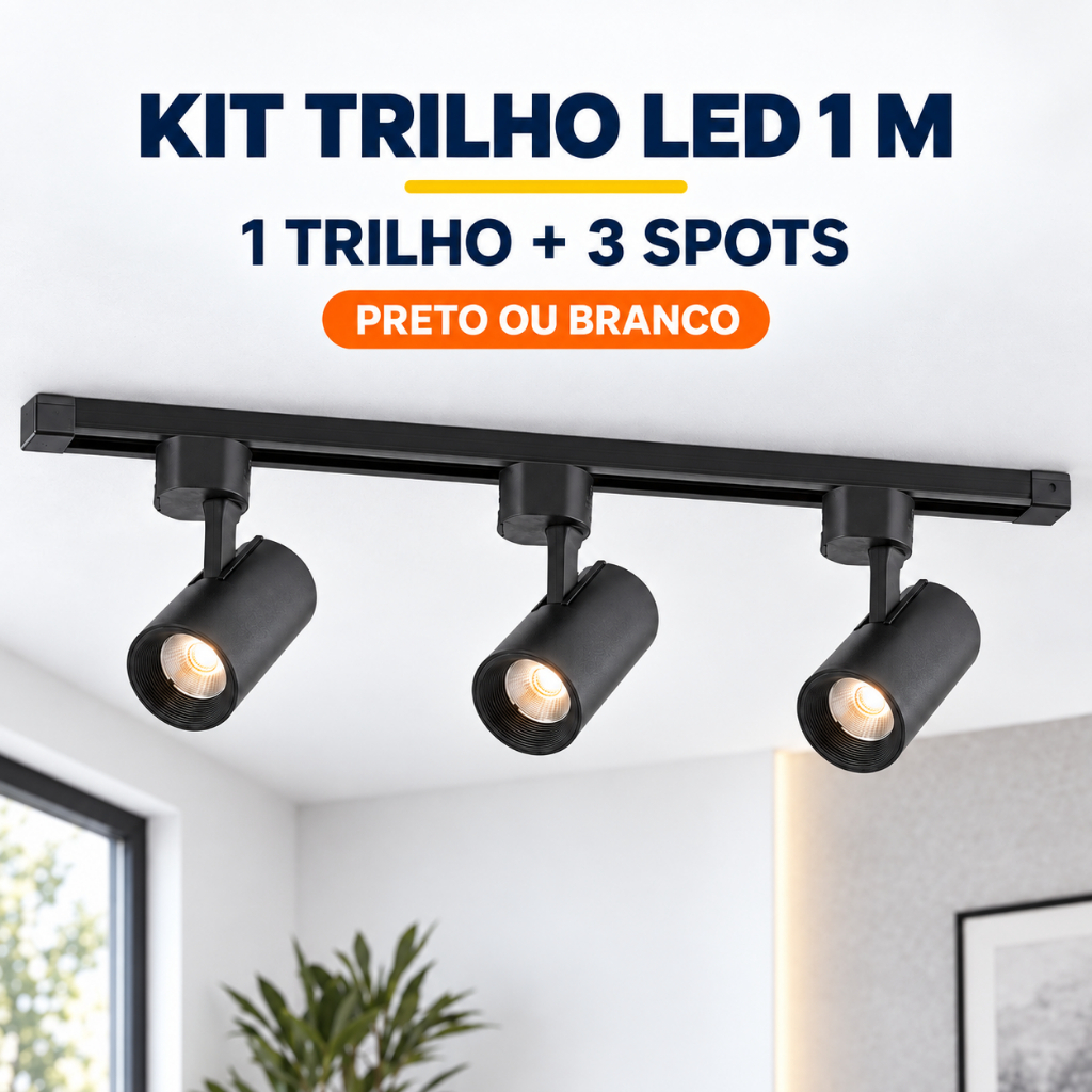 Kit Trilho Eletrificado 1m com 2, 3 ou 4 Spots LED Direcionáveis 7W a 30W Bivolt Preto ou Branco 3000K 4000K 6500K
