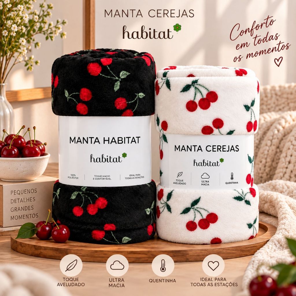 Manta Cobertor Cereja Microfibra Casal Queen Toque Super Macio Quentinha Habitat