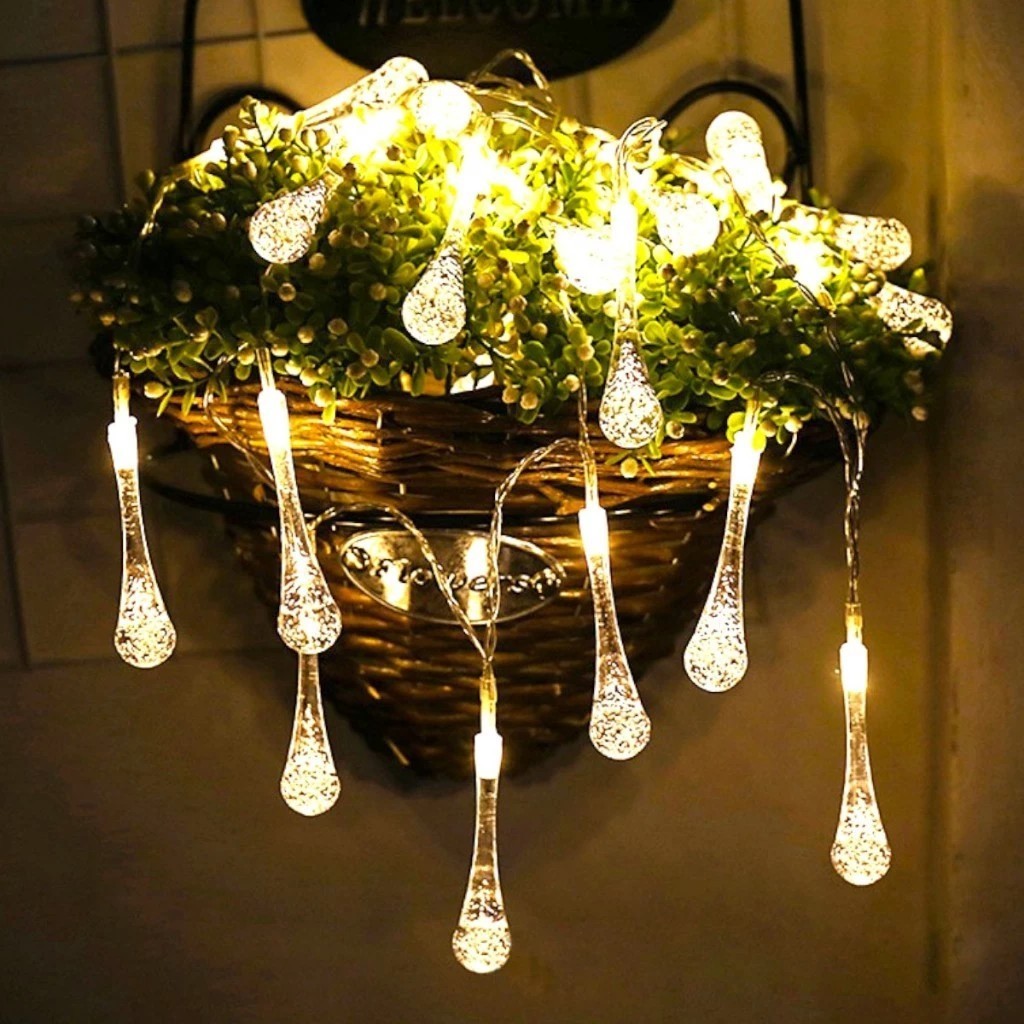 Pisca Pisca LED Luz Solar Ambiente Ar Livre Iluminação de Natal 5m Cada Pisca Varal de Luzes Gota Branco Quente