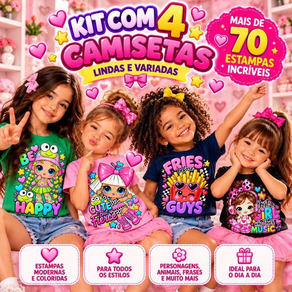 Kit 4 Camisetas Infantis Meninas 100% Algodão Estampas Sortidas Lindas | ElianneShop