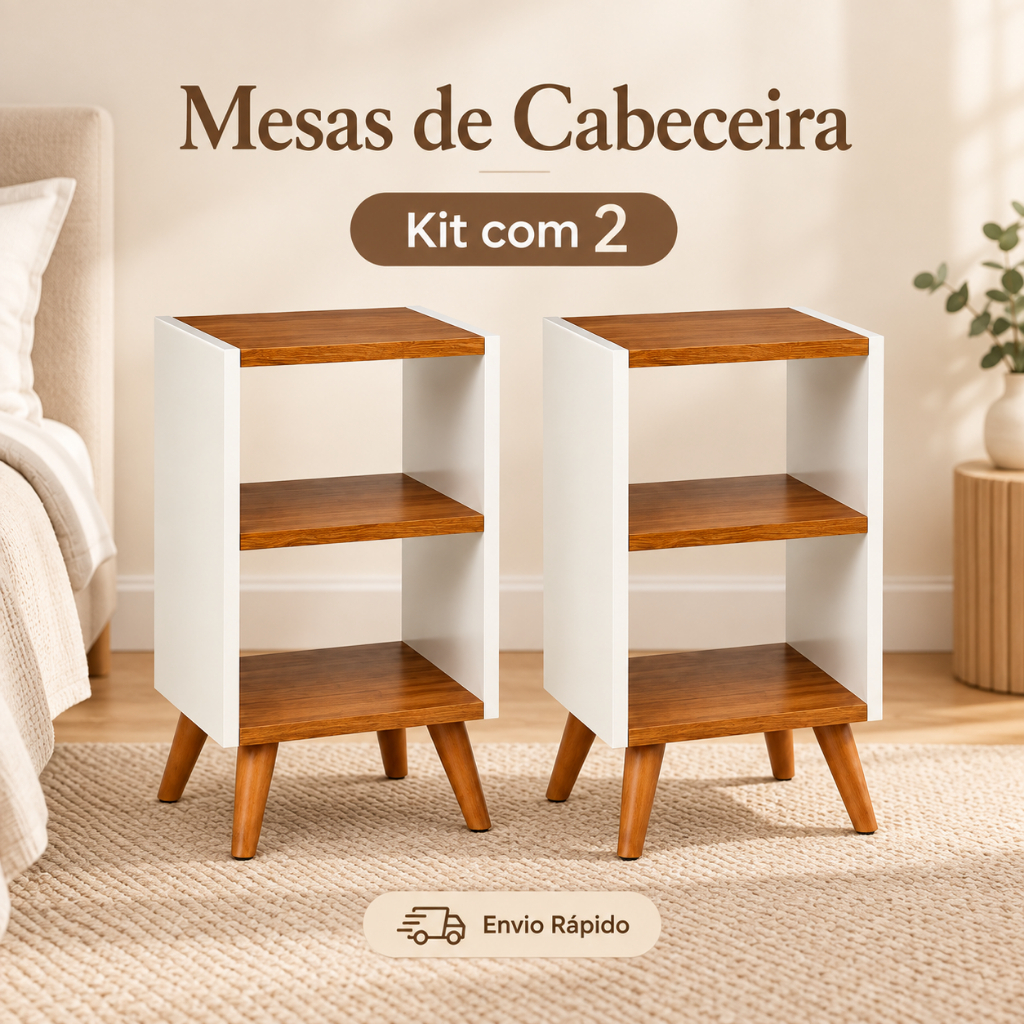 Kit 2 Mesas de Cabeceira Criado-Mudo com 2 Nichos / Mesa Lateral para Quarto Sala Casal Decoração Moderna Organização.