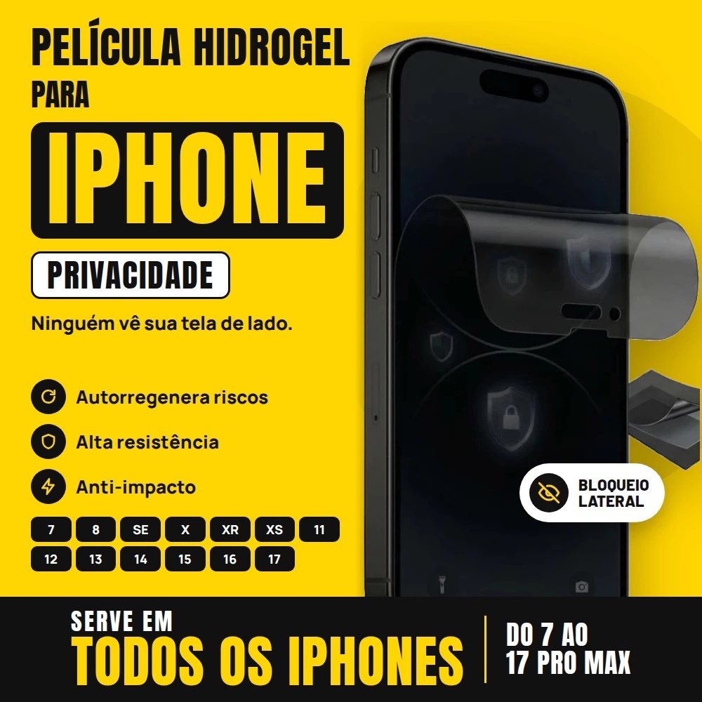 Película Hidrogel Privacidade para TODOS os iPhones 11 12 13 14 15 16 17 Pro Max (Anti-Impacto)