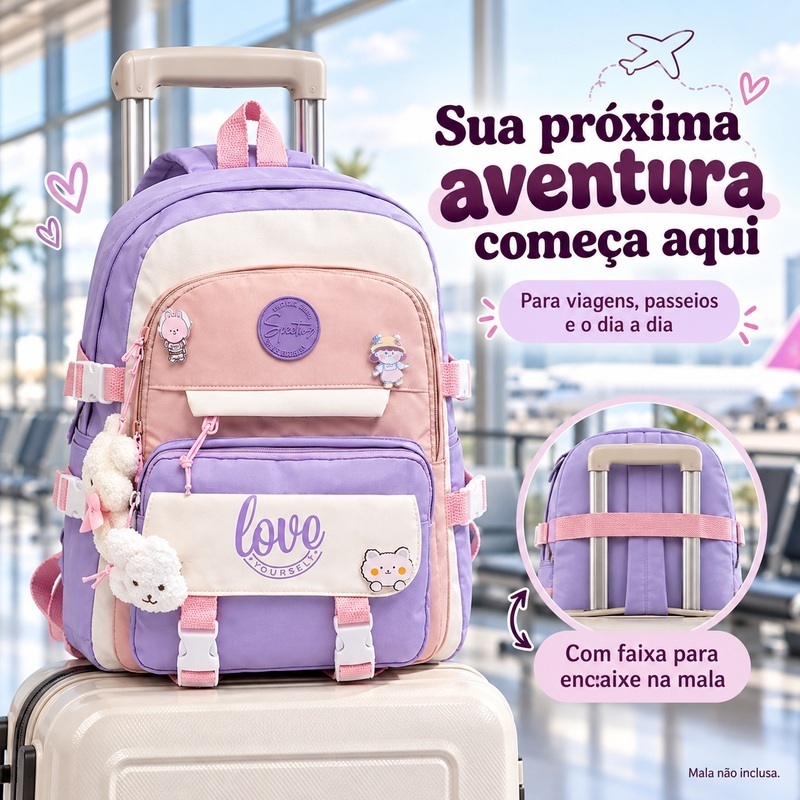 Mochila Escolar Feminina Reforçada Chaveiro Bolsa Notebook Faculdade Viagem Resistente