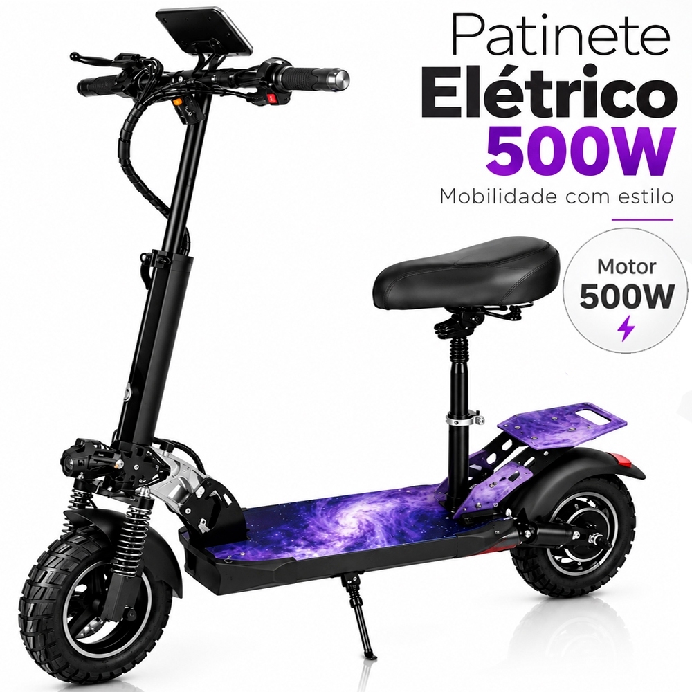 Patinete Elétrico 500W com Assento Ajustável | 90km/h, Suspensão, 10Ah 25km, Dobrável 150kg