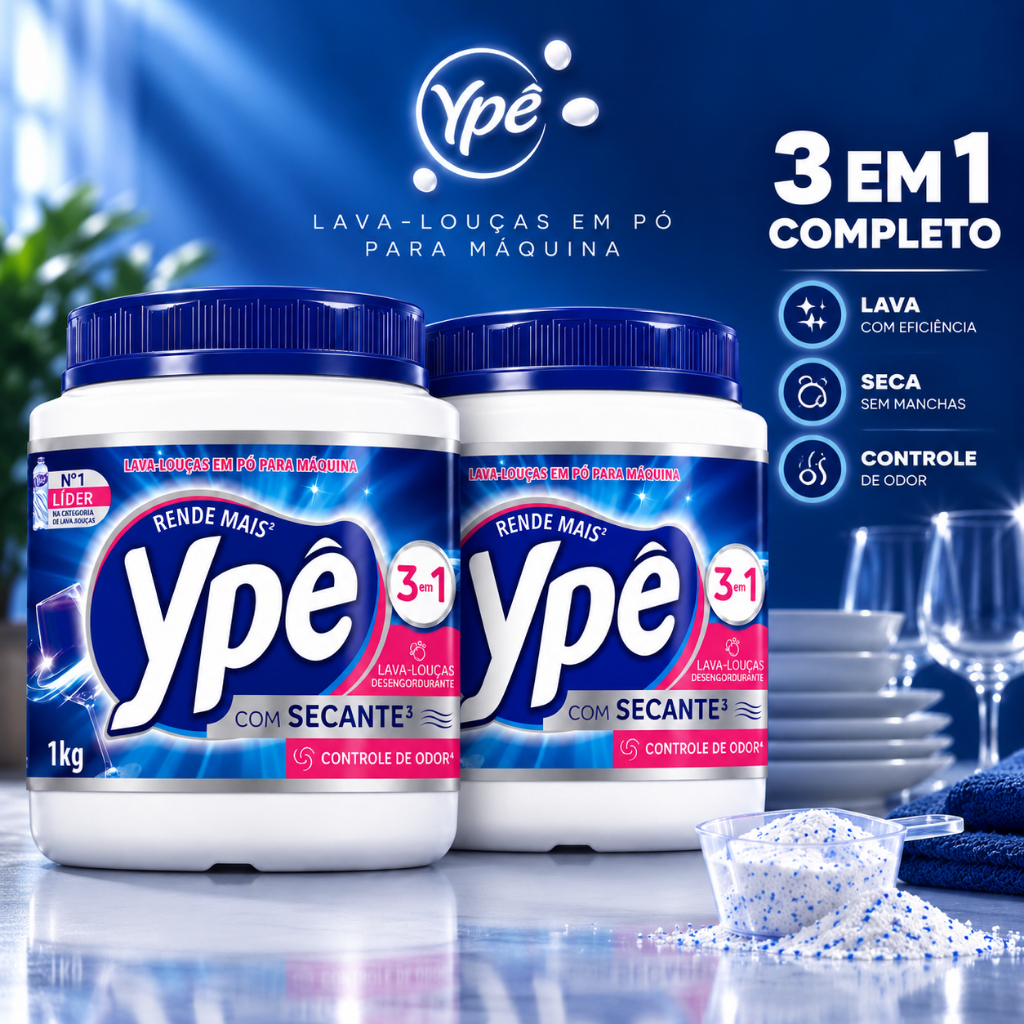 Sabão Ypê Lava Louças em Pó 1Kg para Máquina - Com Secante e Controle de Odor - Limpeza Profunda