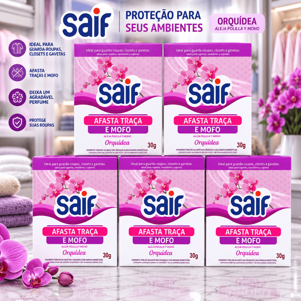 Afasta Traça e Mofo Saif Orquídea 30g Sachê Antitraça Antimofo Perfumado Guarda-Roupa Armário