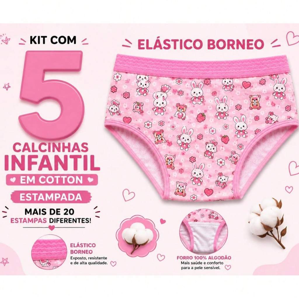 Kit com 5 Calcinhas Elástico Borneo Estampadas Infantil em Algodão para Meninas Forro 100% Algodão