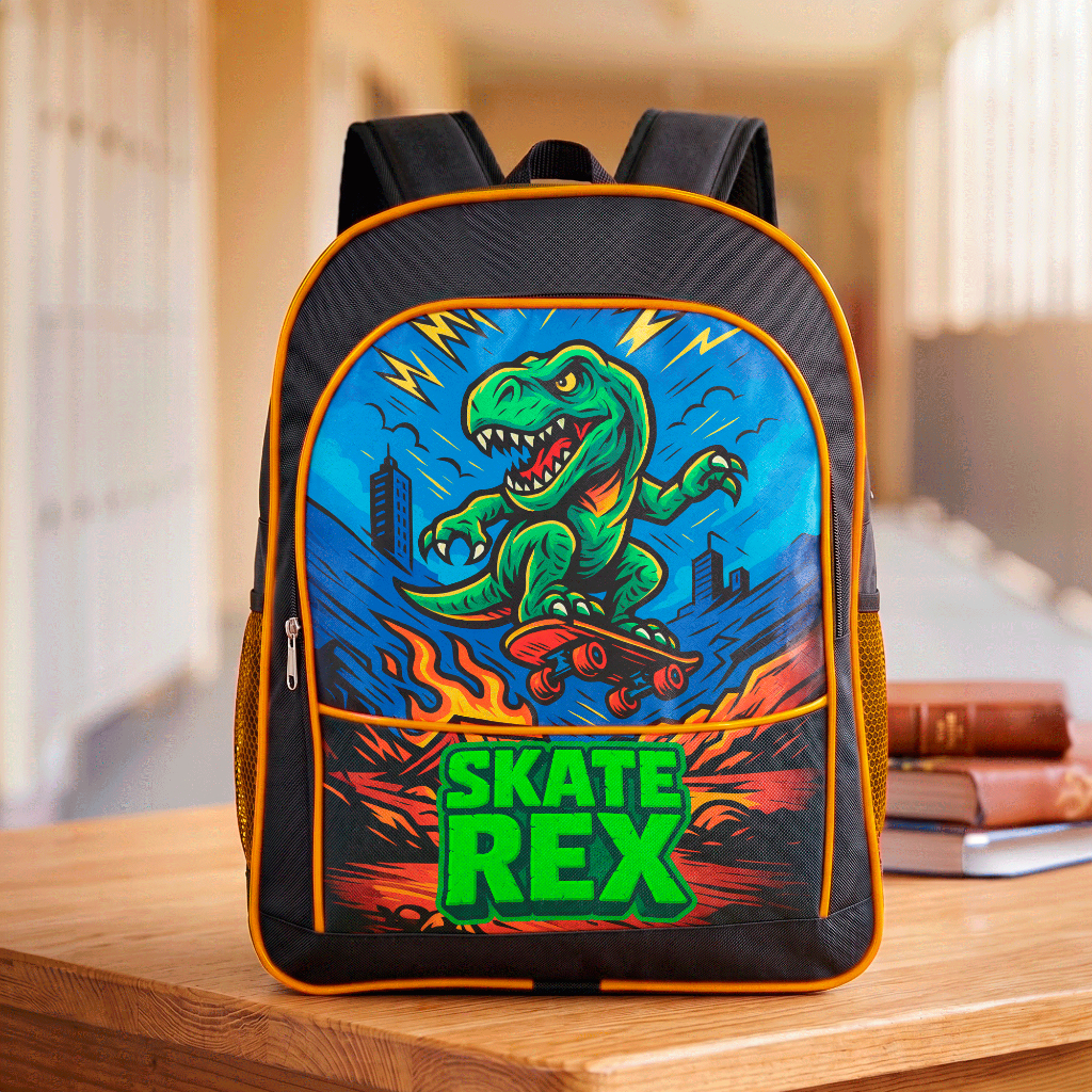 Mochila Infantil Escolar Bolsa Grande de Costa Menino Estampa Dinossauro Skate Rex Resistente Reforçada Alça Ajustável