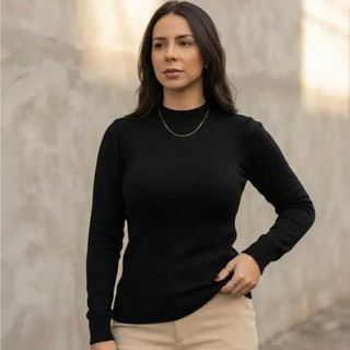 Blusa Tricô Básica De Frio Feminina Gola Redonda Manga Longa