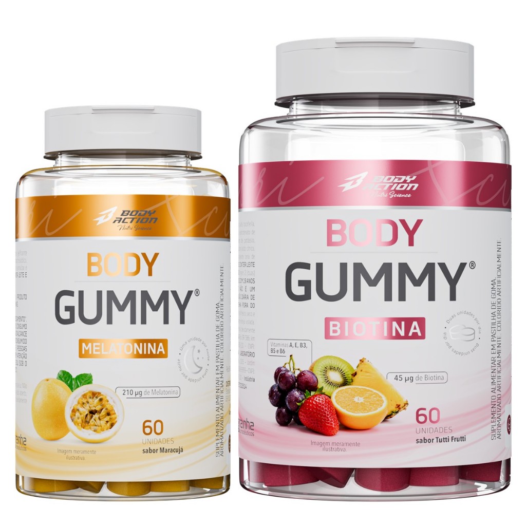 Kit Gummy Melatonina 60 Gomas + Biotina 60 Gomas Bodyaction
