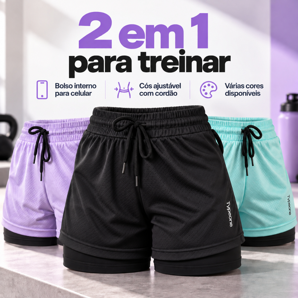 Kit 2 Shorts Feminino  2 em 1 Duplo Bolso Celular Oculto Compressão Academia Corrida Fitness Correr
