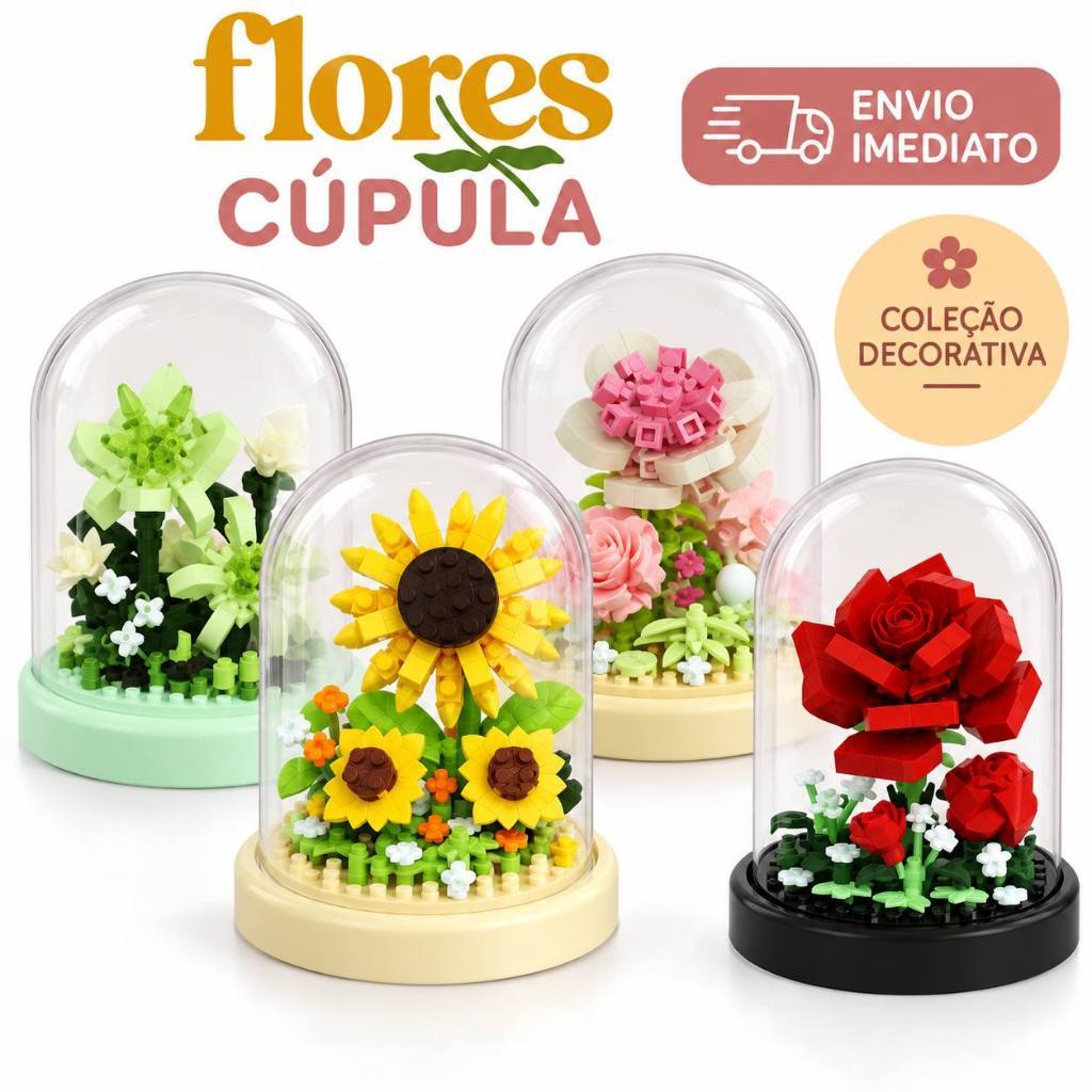 Mini Blocos de Montar Flores em Cúpula Transparente Decoração Buquê Flor Artificial Presente Criativo