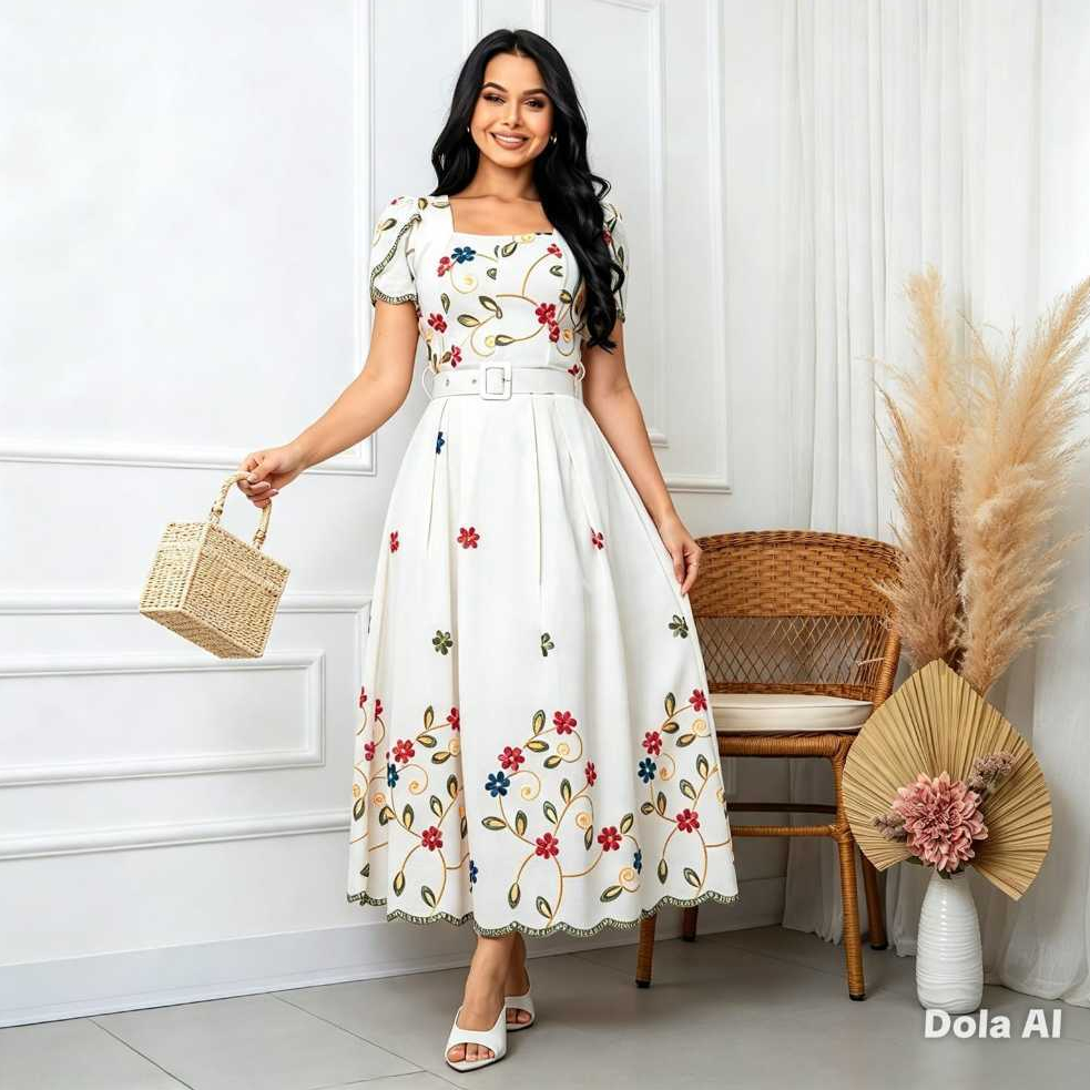 Vestido Floral  P AO GG  Bordado Tecido Linho Vestido Evangélico Manga Curta Com Cinto Encapado Vestido Elegante