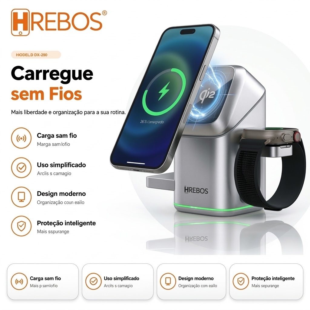 HREBOS Estação de Carregamento 3 em 1 Magnética Qi2, 3 Slots Simultâneos, Carga Rápida 2x e Resfriamento Inteligente Pro