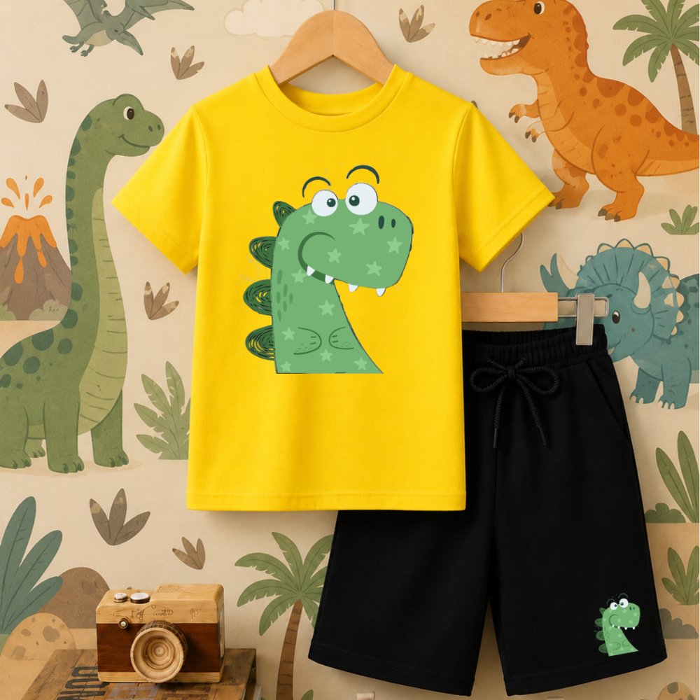 Conjunto Infantil Masculino Dino Sorriso 1573 Camiseta E Short Estampado Crianças Meninos Passeio Dinossauro