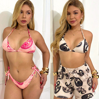Conjunto Biquini Feminino 3 Peças Trikini Estampado com Short Moda Praia Verão Praia Piscina Viagem Resort Tendência