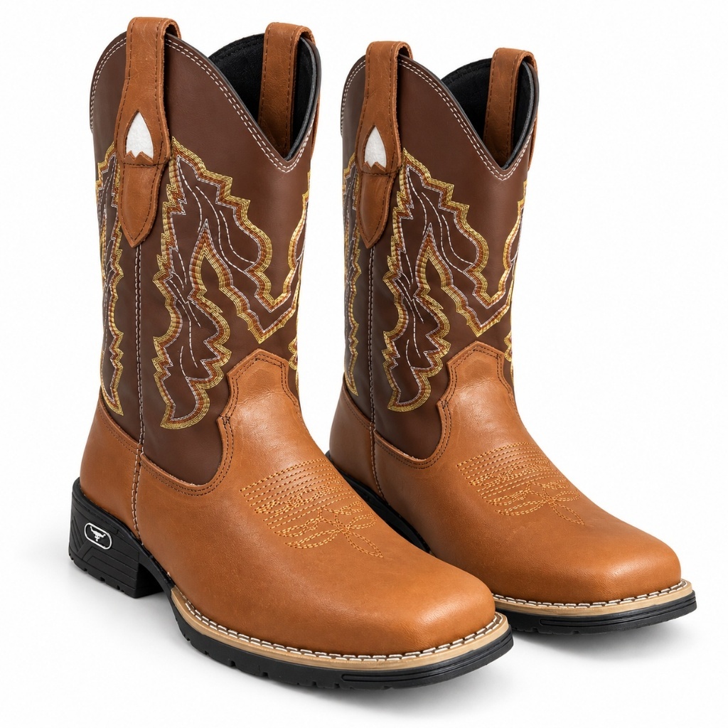 Bota Botina Texana Masculina Couro Legítimo Country Western Cowboy Bico Quadrado Bordada Rodeio.