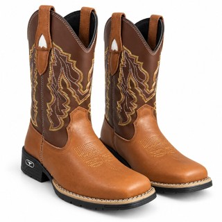 Bota Botina Texana Masculina Couro Legítimo Country Western Cowboy Bico Quadrado Bordada Rodeio.
